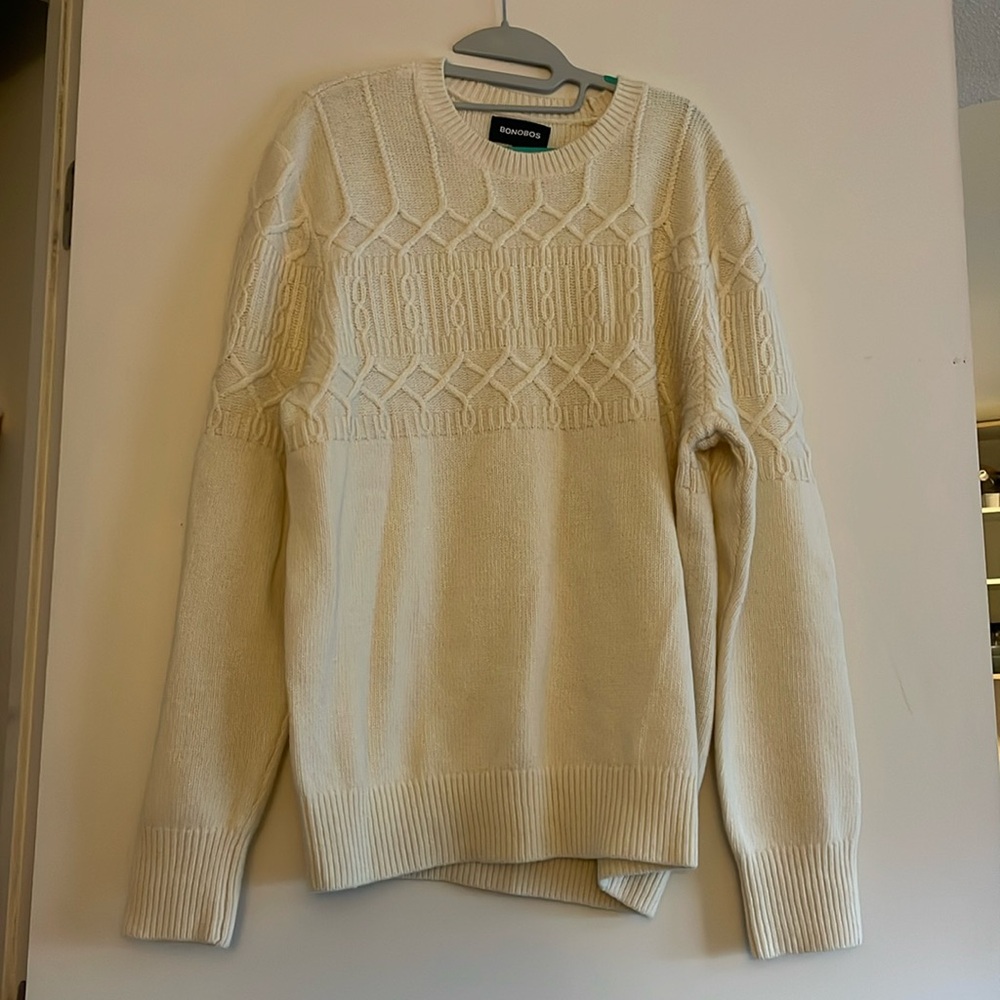 NWOT Bonobos wool crew neck cable knit sweater ivory L